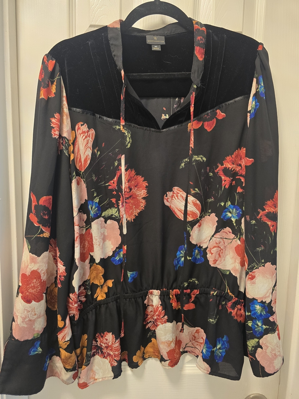 Worthington Black Floral Velvet-Yoke Peplum Top with Tie Neck